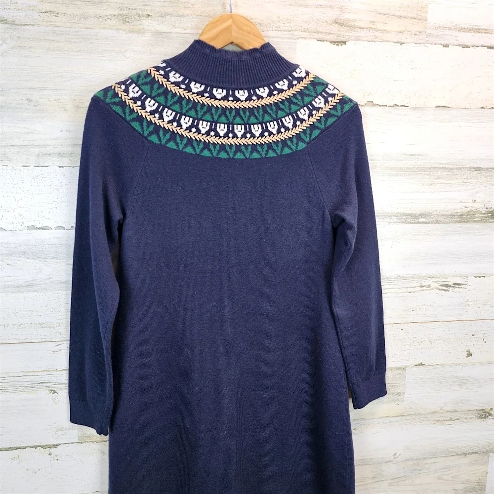 Talbots Petite Fair Isle Sweater Dress Navy Mock Neck Button Detail SP Holiday